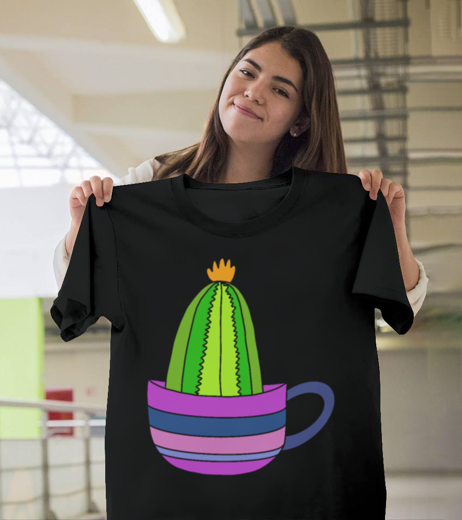 Striped Teacup with Tiny Cactus and Bright Yellow Flower Top T-Shirt