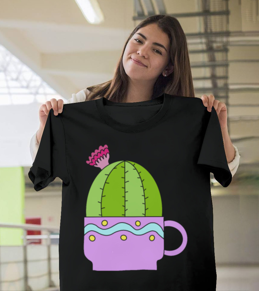 Tiny Teacup Cactus in Pastel Mug with Pink Flower T-Shirt