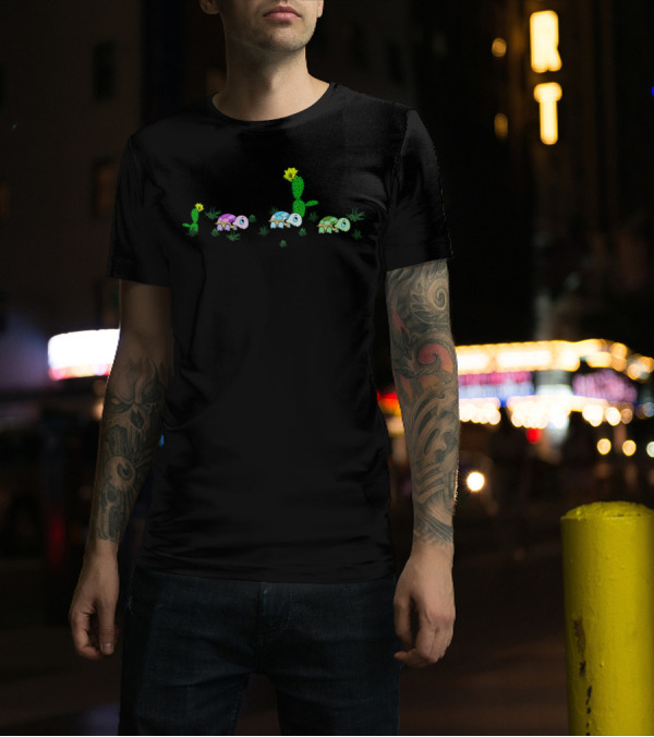 Three Turtles Journey In Desert Cactus Garden T-Shirt