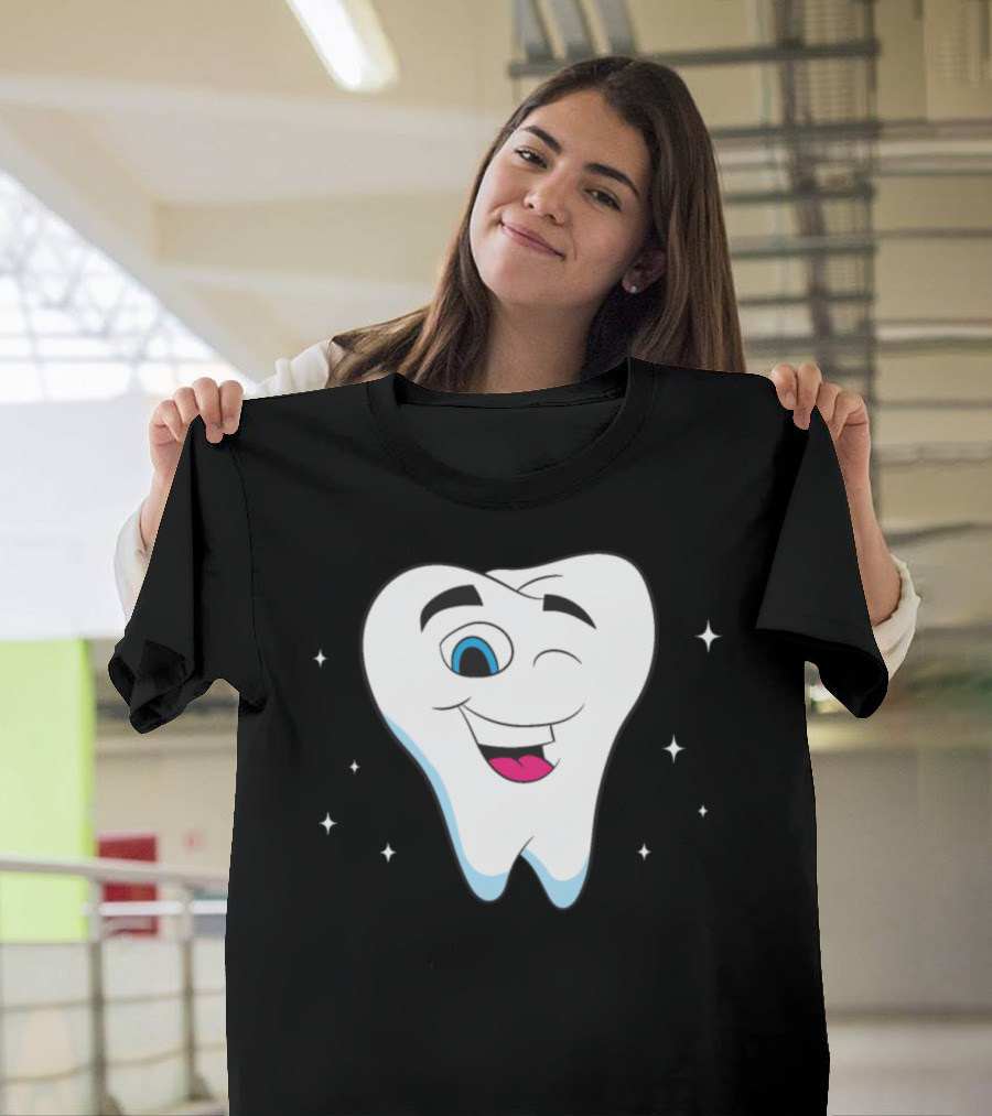 Dentist Bright White Tooth Winking Smiling Cartoon Sparkles T-Shirt