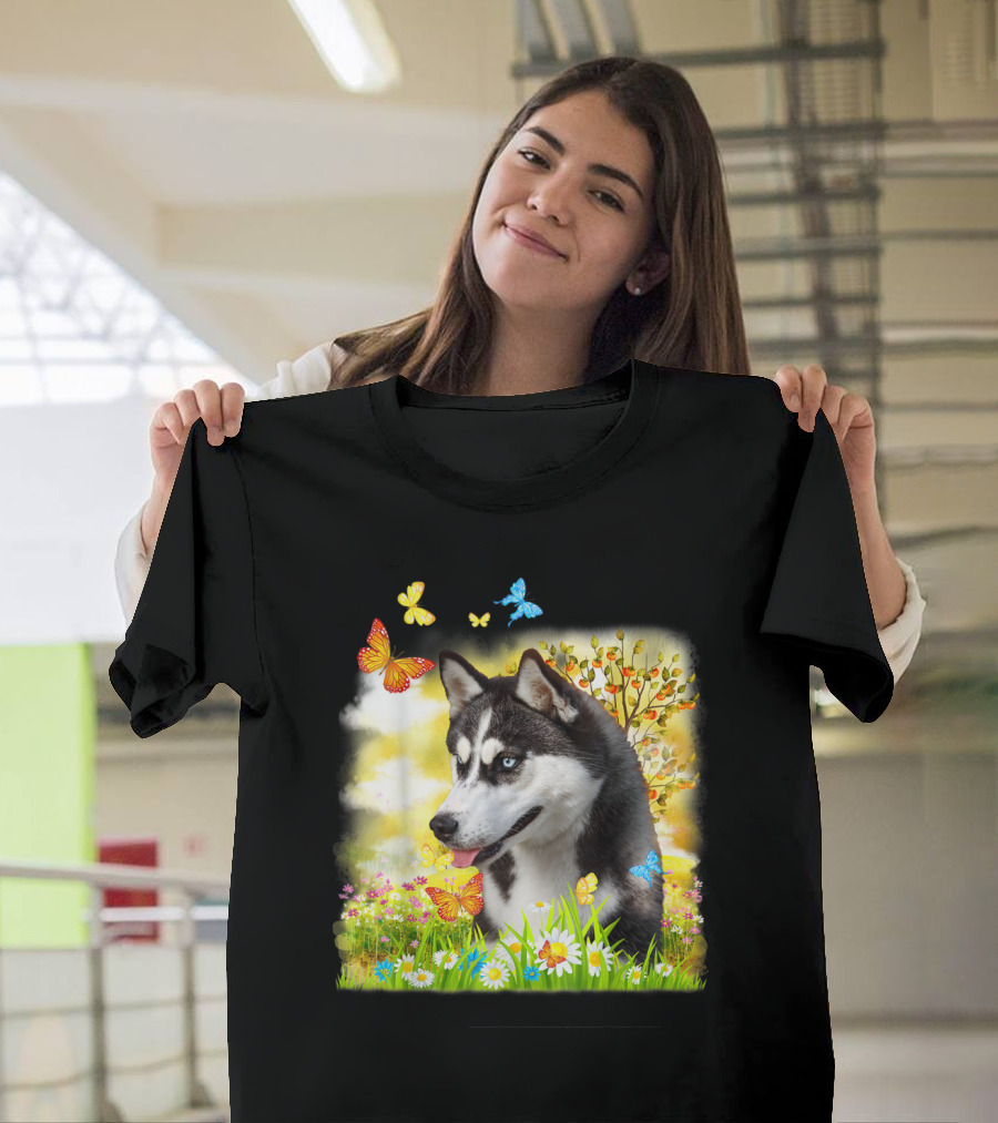 Siberian Husky in Vibrant Floral Meadow with Colorful Butterflies and Autumnal Background T-Shirt