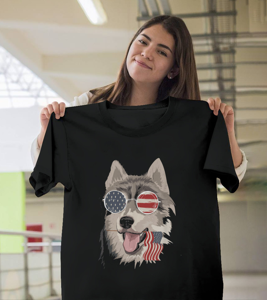 Siberian Husky with American Flag Sunglasses and Patriotic Flag in Mouth T-Shirt