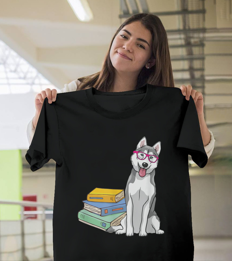 Siberian Husky Geek Dogeek Dogs Glasses Books Stack T-Shirt