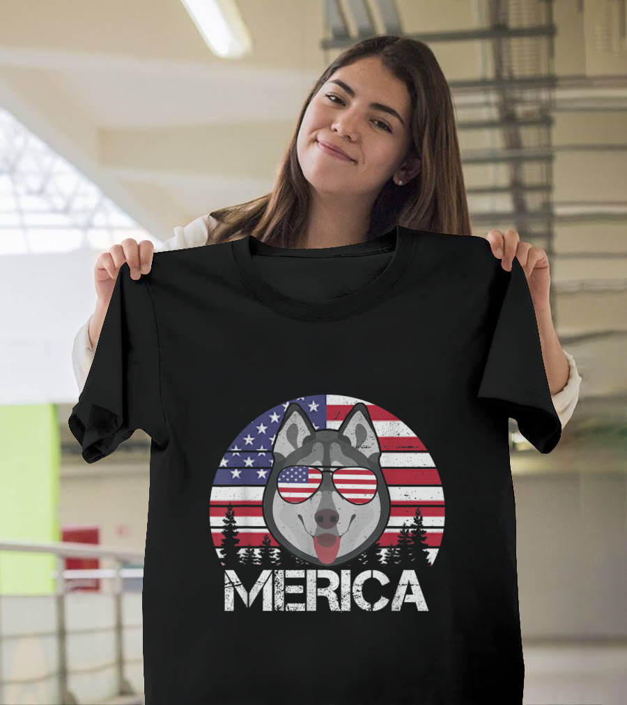 Siberian Husky Merica USA Flag Sunglasses 4th of July Dog T-Shirt