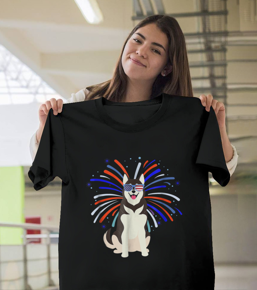 Siberian Husky Puppy Dog with American Flag Sunglasses and Patriotic Fireworks July T-Shirt