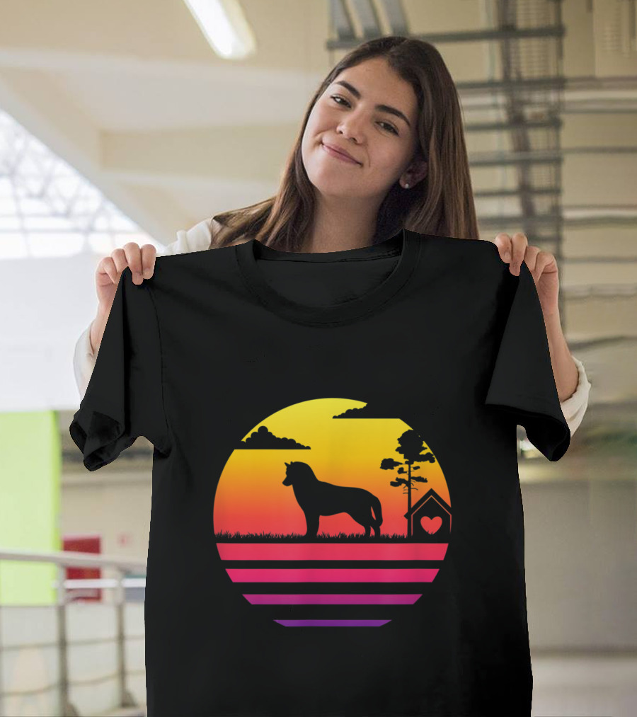 Siberian Husky Silhouette Against Vibrant Vintage Sunset with Doghouse Heart and Trees T-Shirt