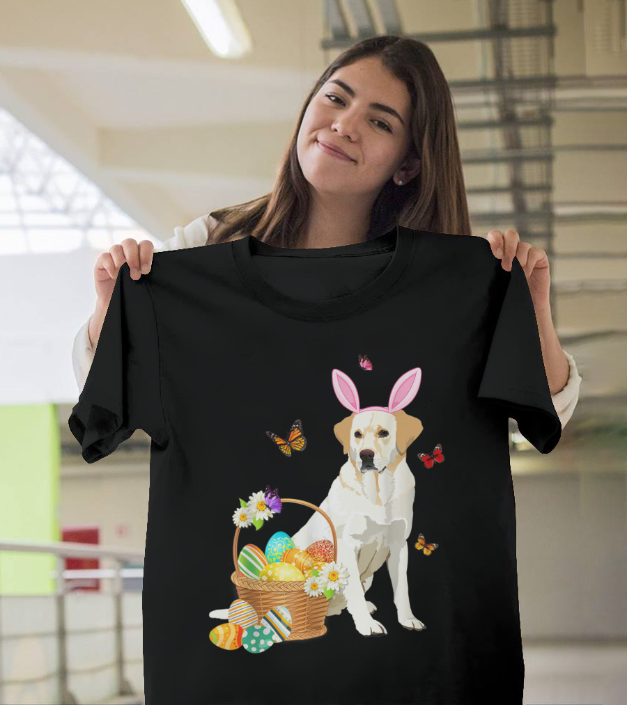 Labrador Bunny Hat with Basket of Easter Eggs and Butterflies T-Shirt