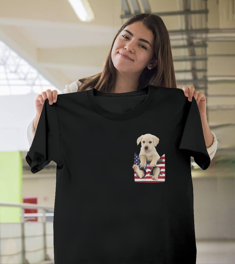 Labrador Puppy in American Flag Pocket T-Shirt