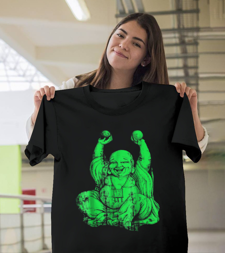 Radiant Green Laughing Buddha with Raised Hands Yoga T-Shirt