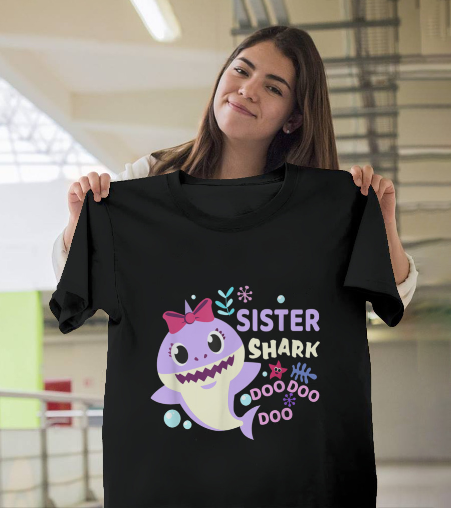 Sister Shark Doo Doo Doo Cute Bow Floral Bubbles T-Shirt