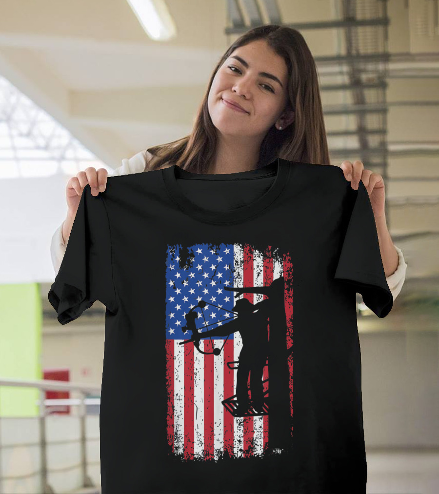 American Flag with Tree Stand Bow Hunter Archery T-Shirt