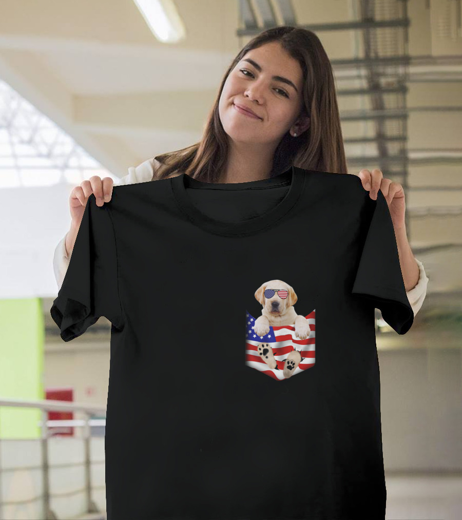 Labrador Puppy in American Flag Pocket with Patriotic Sunglasses for 4th of July T-Shirt