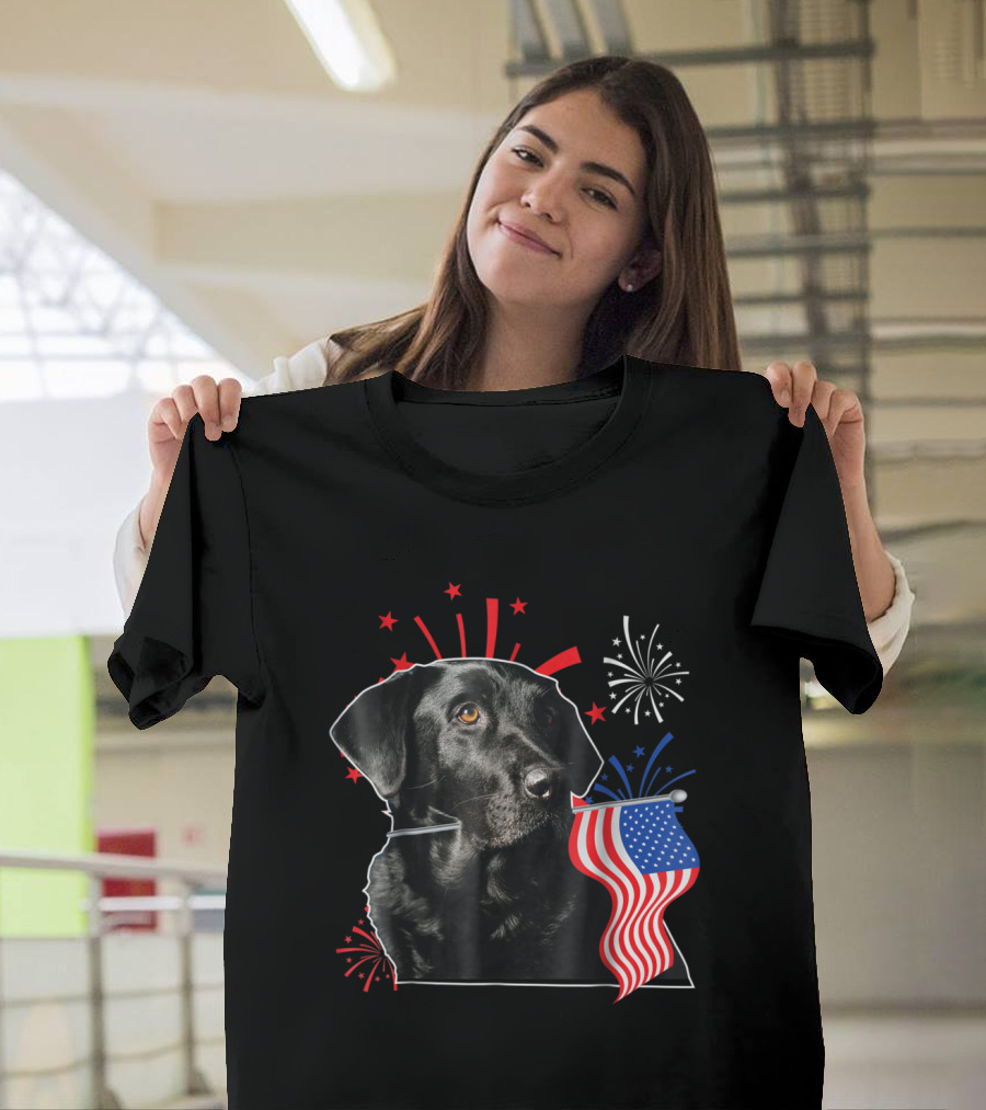 Labrador Lover July 4th Black Lab Fireworks American Flag T-Shirt