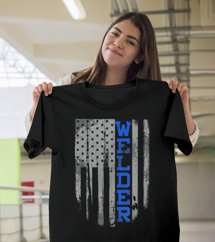 Welder Blue Vertical Text Grunge American Flag T-Shirt