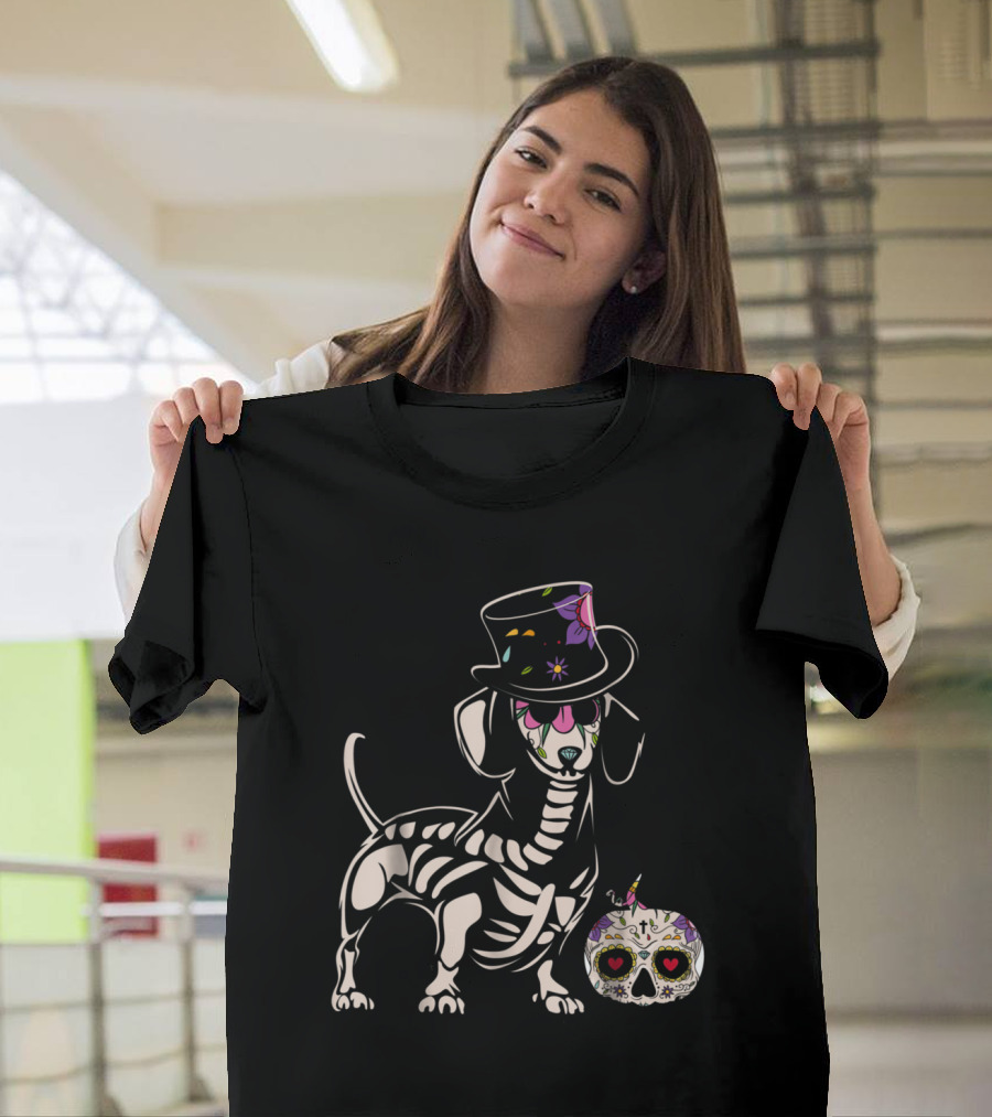 Day of the Dead Dachshund Skull Art with Top Hat and Sugar Skull Balloon T-Shirt