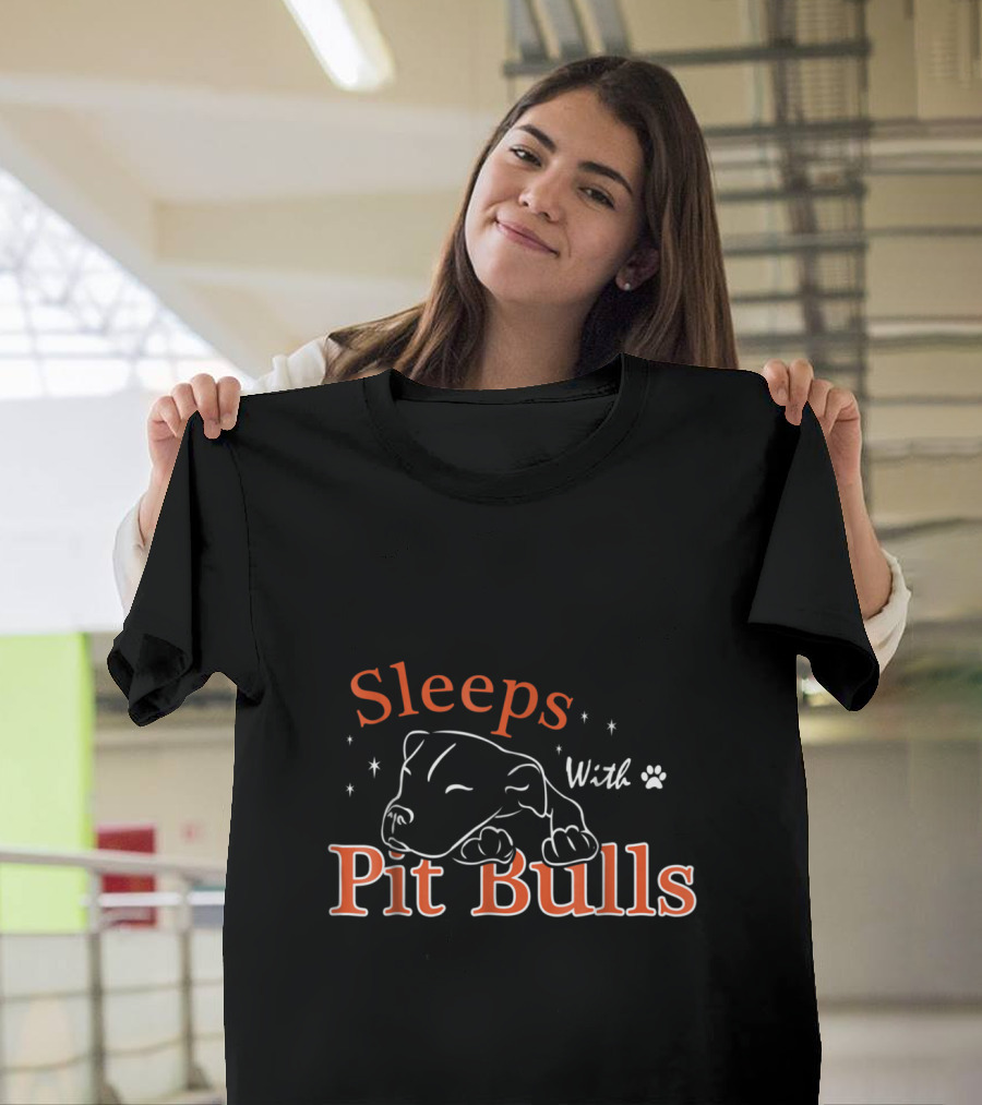 Sleeps With Pit Bulls Paw Print and Sleeping Dog Sketch T-Shirt