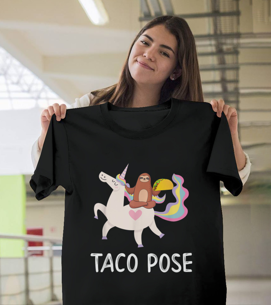 Taco Pose: Sloth in Yoga on Unicorn with Rainbow Mane Eating Taco T-Shirt