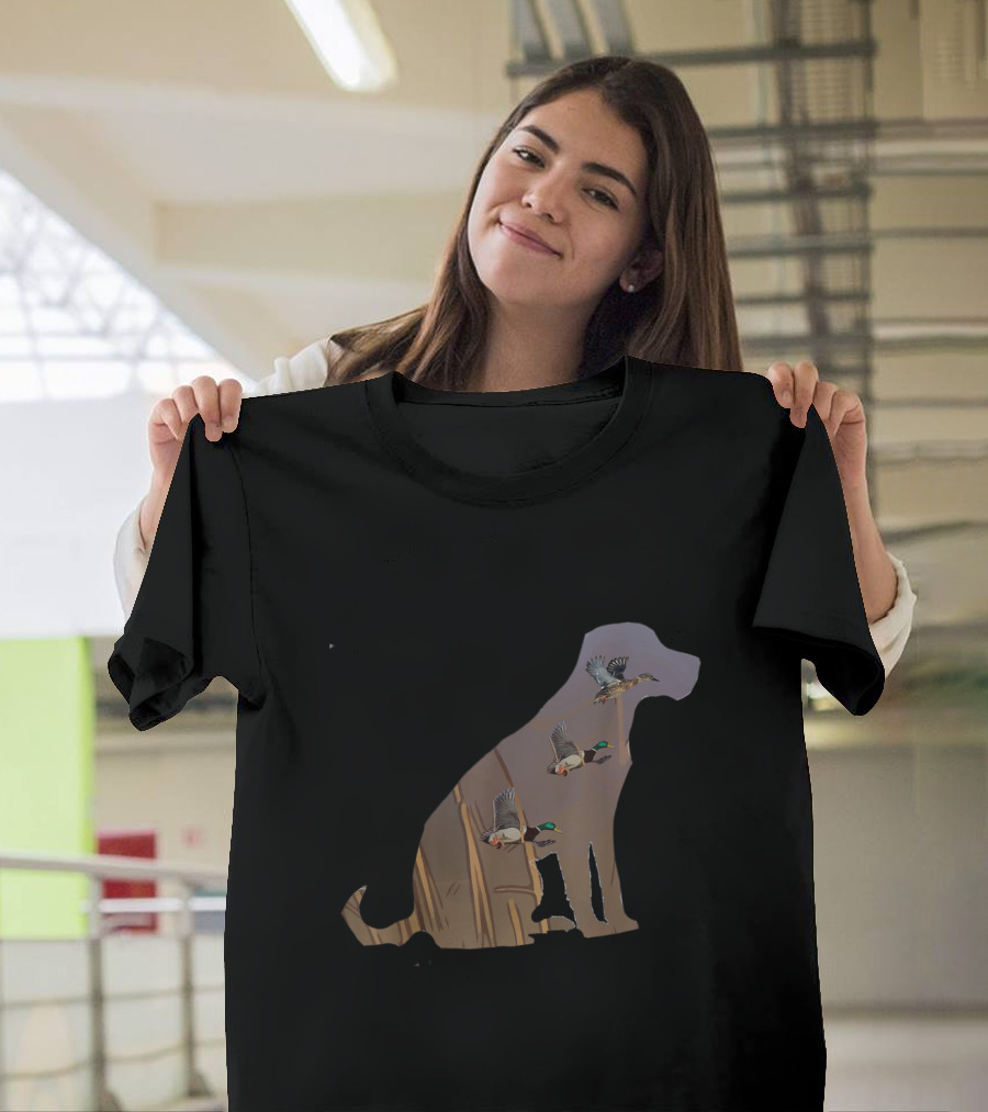 Labrador Retriever Silhouette with Flying Ducks and Reeds T-Shirt