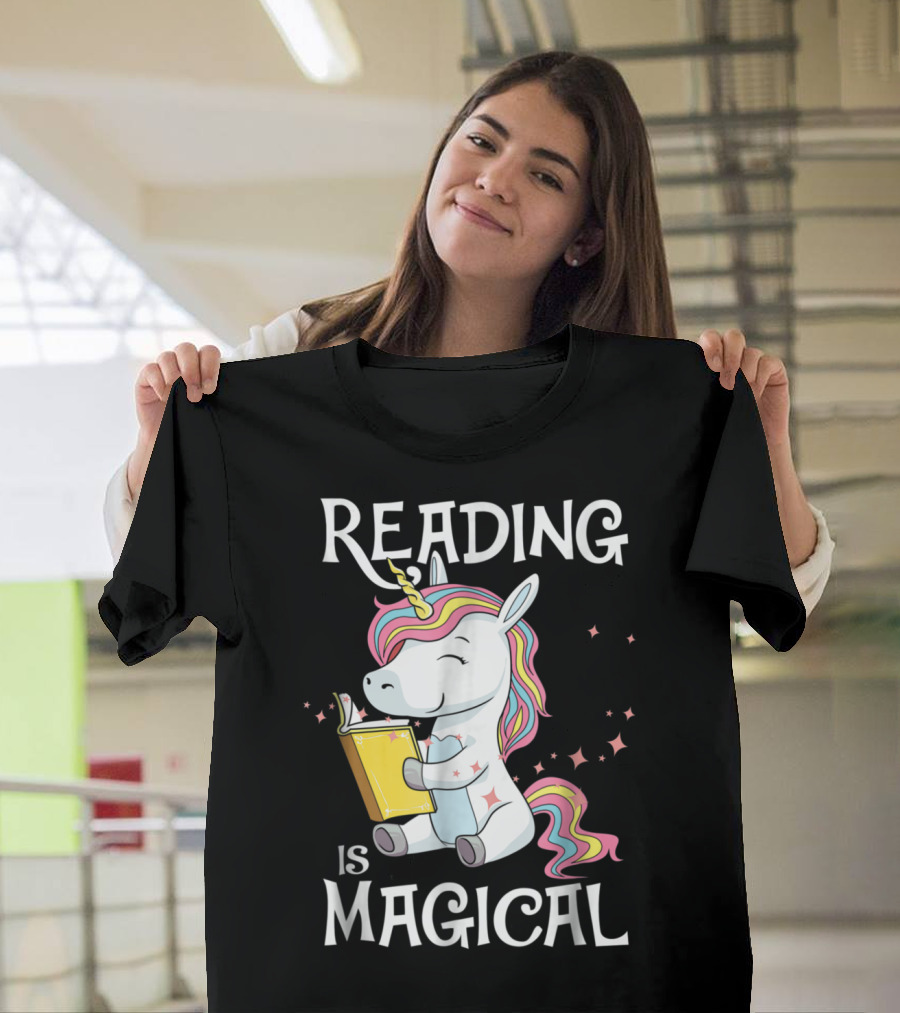 Reading Is Magical Unicorn with Book and Rainbow Mane T-Shirt