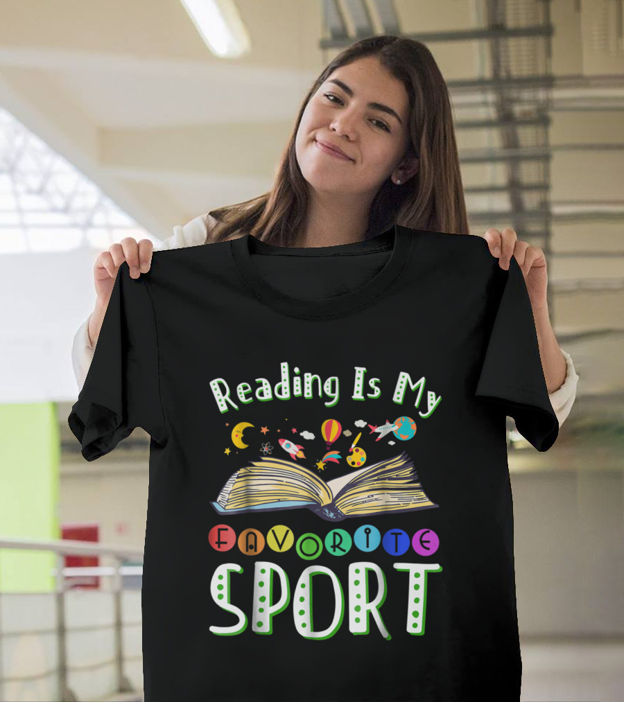 Reading Is My Favorite Sport Colorful Open Book with Outer Space Elements T-Shirt