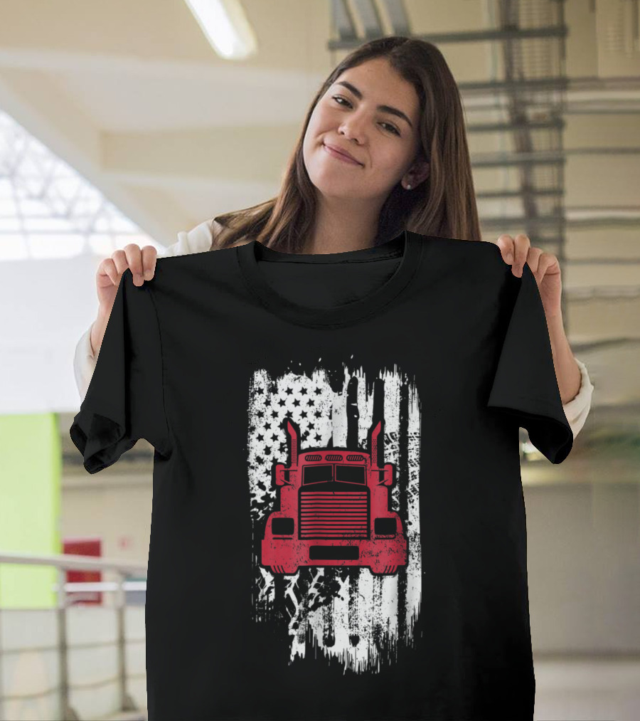 Trucker Flag Patriotic Truck Driver Asphalt Cowboy American Semi-Icon T-Shirt