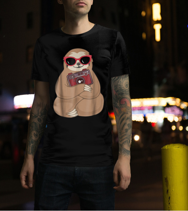Sloth With Red Sunglasses Holding Retro Camera T-Shirt