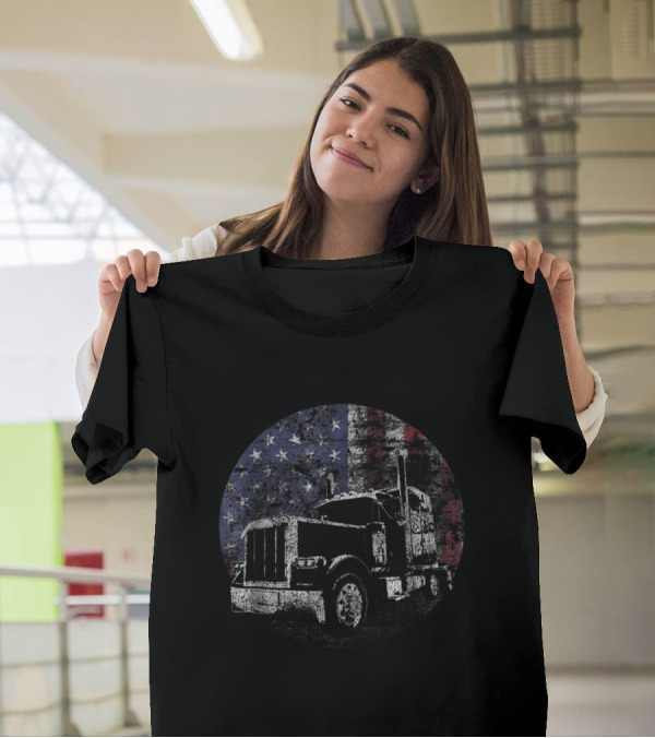American Trucker With USA Flag Background T-Shirt