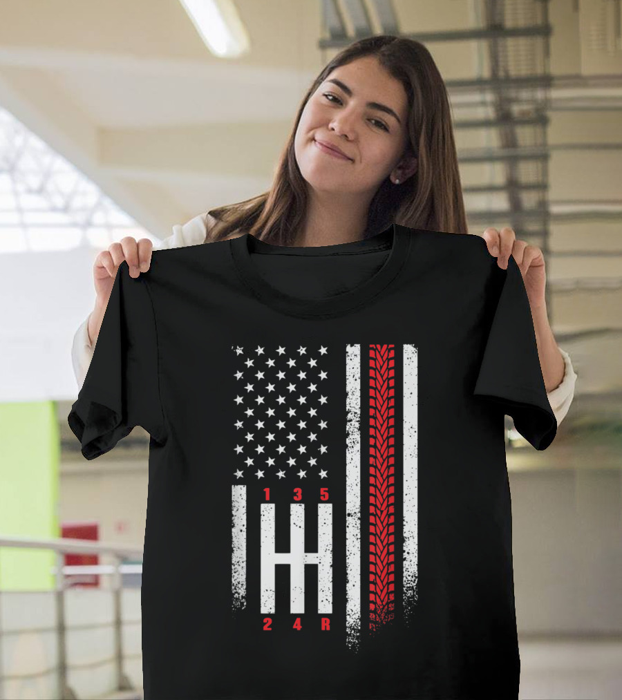 American Flag Gear Shift with Tire Tread Motorsports T-Shirt