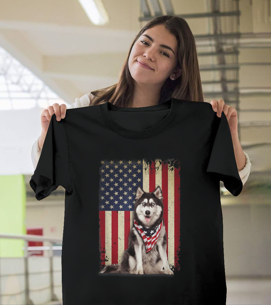 Siberian Huskies American Flag Vintage Style Dog In Patriotic Stars And Stripes Background T-Shirt