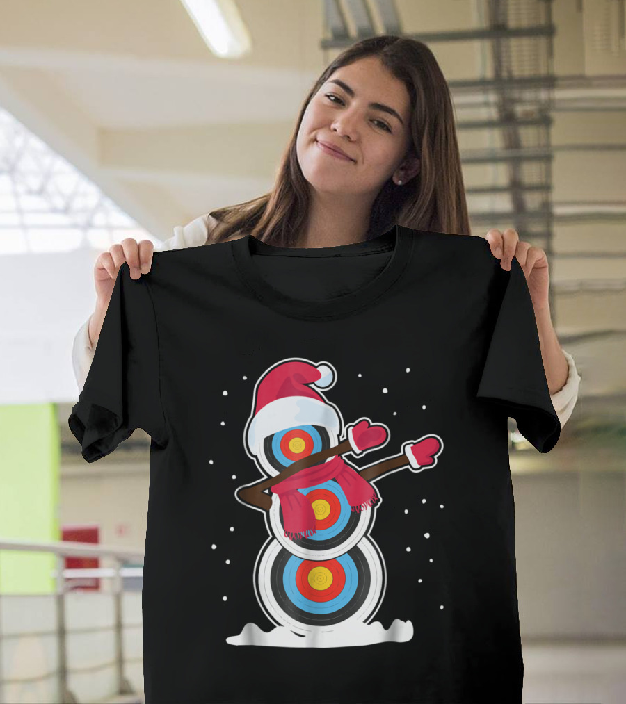 Snowman Target Dabbing with Santa Hat and Scarf in Winter Snowflakes T-Shirt