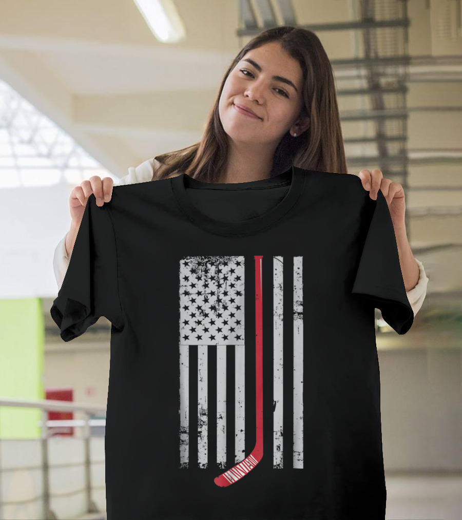 American Flag with Red Hockey Stick T-Shirt