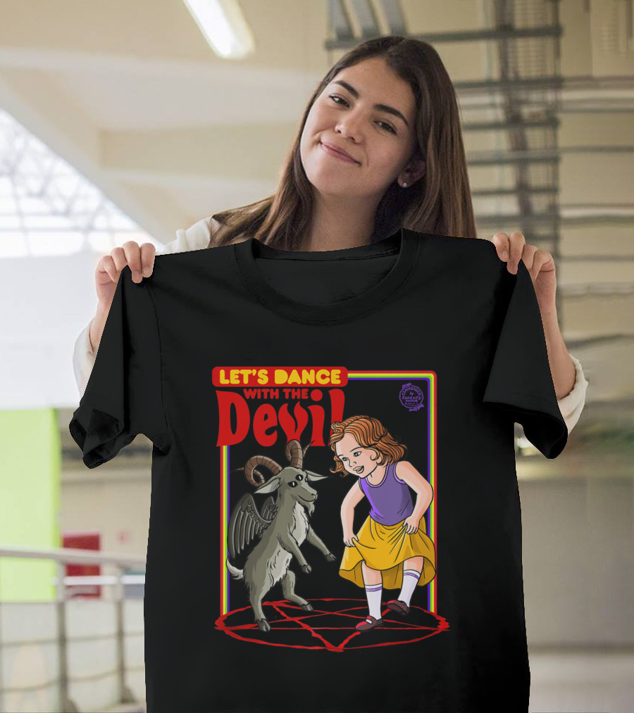 Let's Dance with the Devil Satanic Goat and Girl on Pentagram Playful Scene T-Shirt