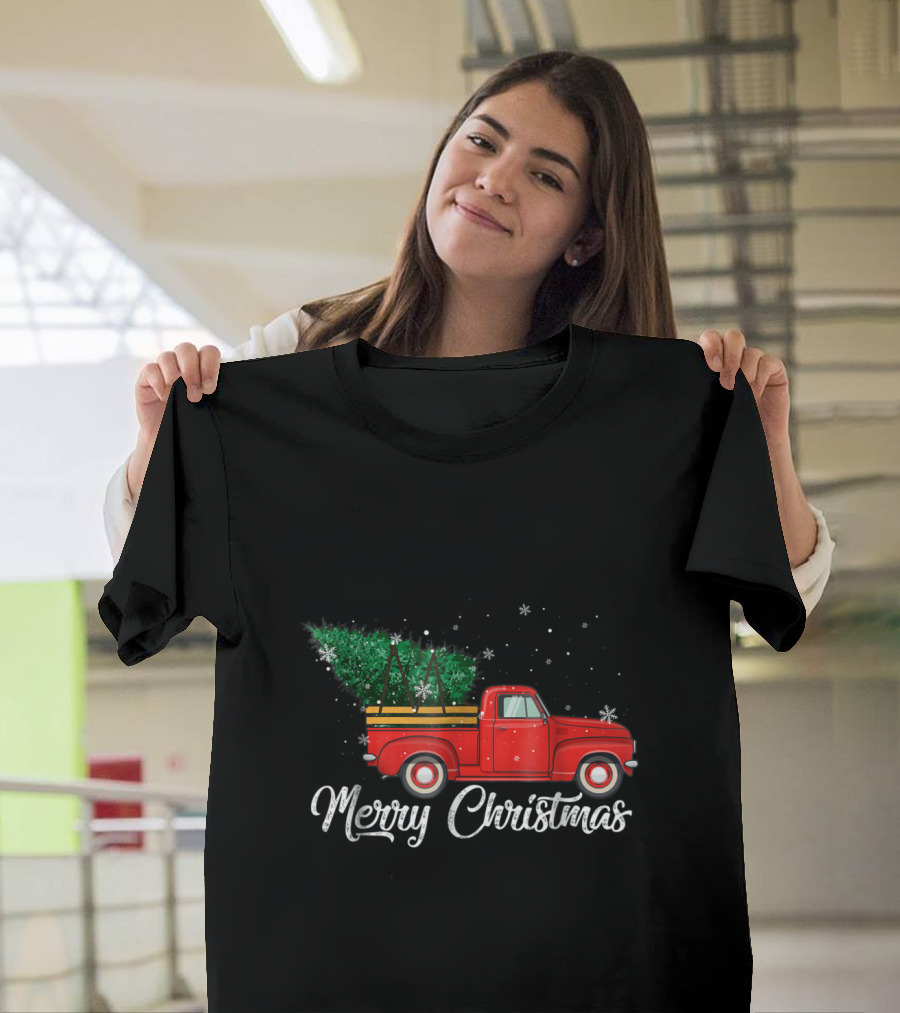 Merry Christmas Red Truck with Snowflakes and Evergreen Tree T-Shirt