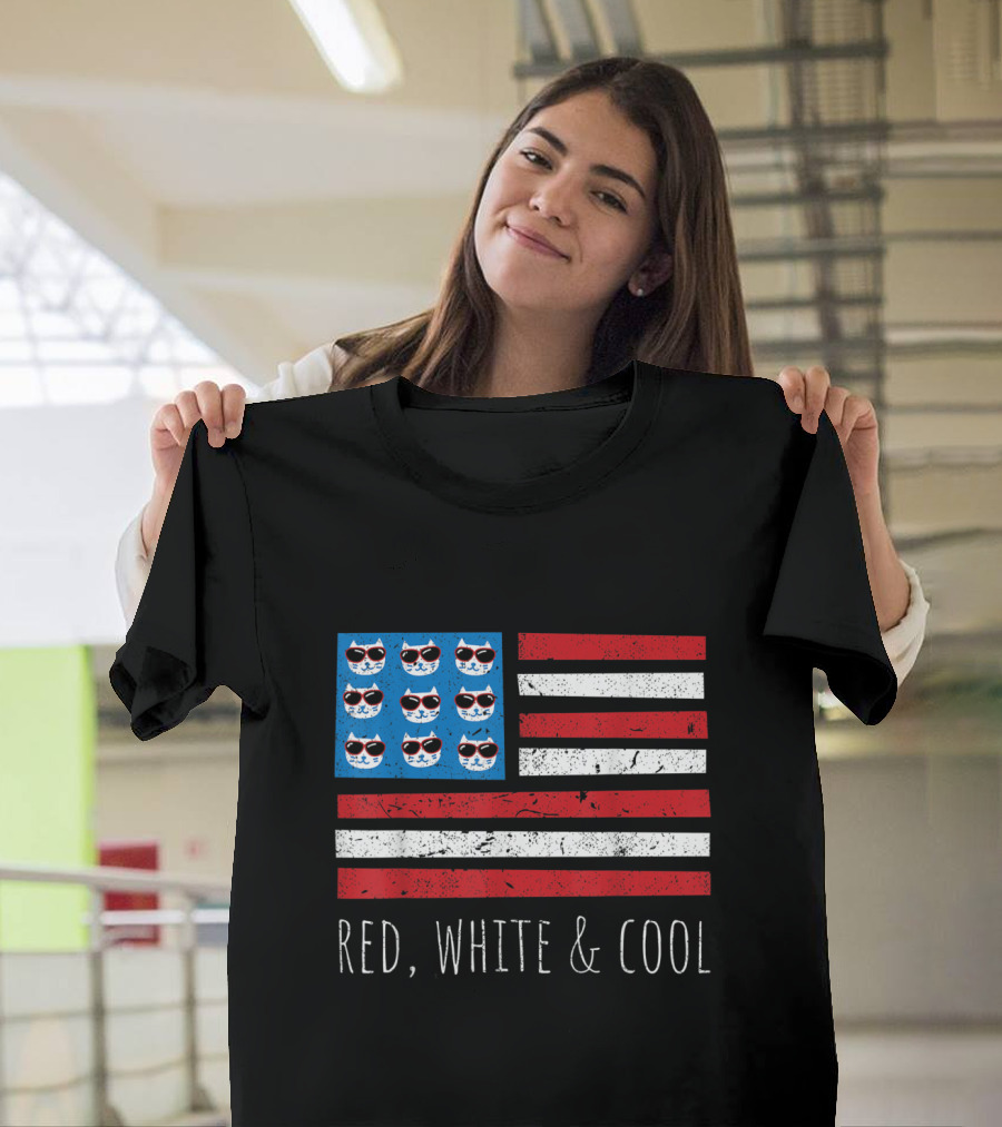 Red White and Cool Cat Head Sunglasses American Flag 4th of July T-Shirt
