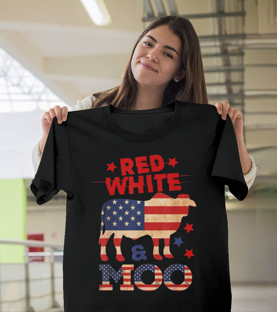 Red White And Moo American Flag Cow 4th Of July T-Shirt