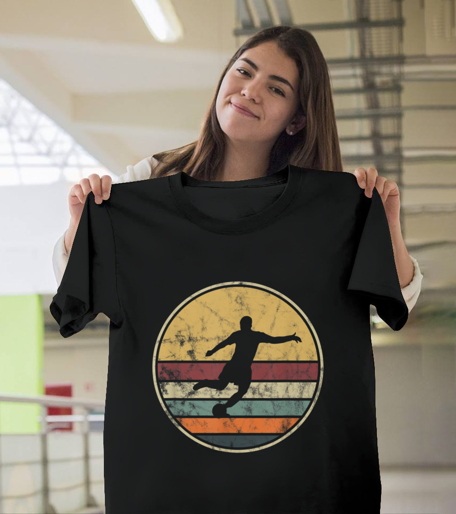 Vintage Distressed Soccer Player Silhouette Retro Stripes T-Shirt
