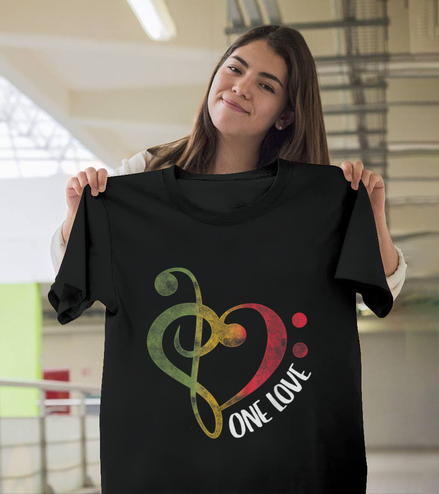 One Love Heart Rasta Treble Bass Clef Reggae T-Shirt