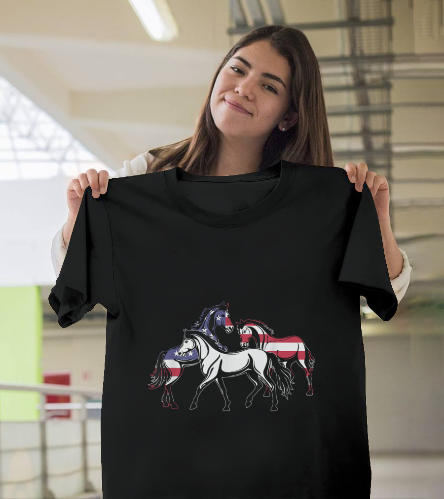 Red White Blue Horses Patriotic American Flag 4th Of July T-Shirt