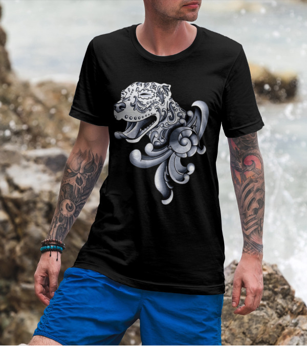 Ornamental Pitbull Tattoo Style Black And Gray T-Shirt