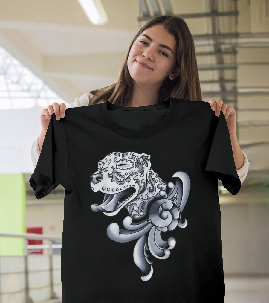 Ornamental Pitbull Tattoo Style Black And Gray T-Shirt