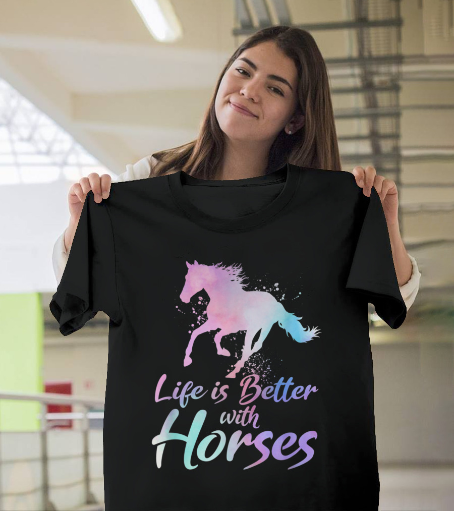 Life is Better with Horses Colorful Galloping T-Shirt