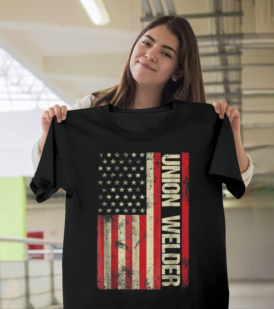 Union Welder American Flag Vertical Graphic Patriotic T-Shirt