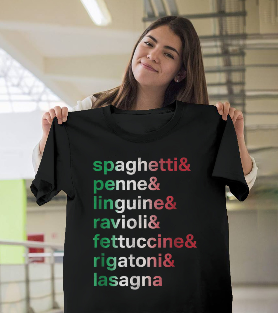 Pasta Italian Spaghetti Penne Linguine Ravioli Fettuccine Rigatoni Lasagna Foodie Chef Lis T-Shirt