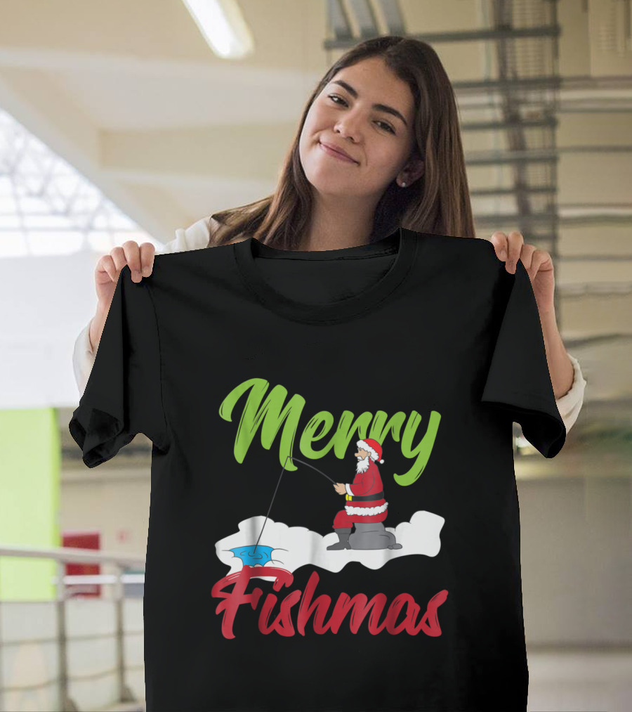 Merry Fishmas Santa Ice Fishing Christmas Humor T-Shirt