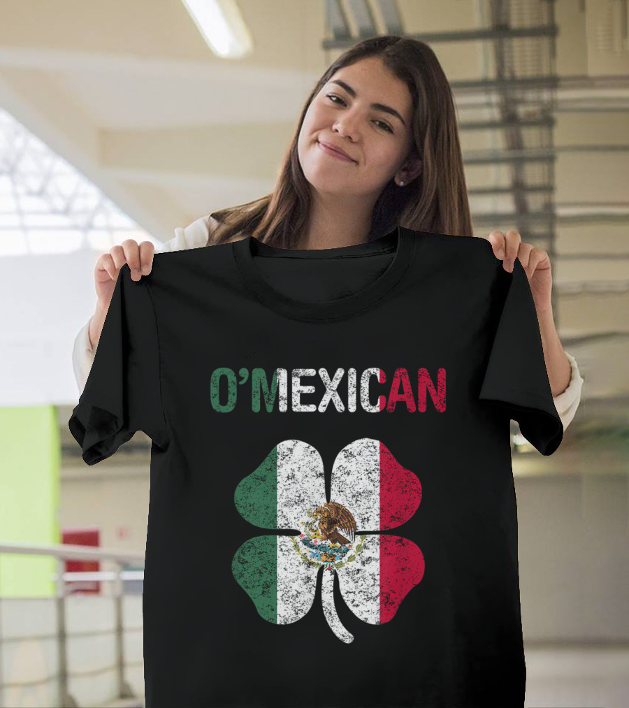 O'Mexican Four-Leaf Clover with Mexican Flag Colors and Emblem T-Shirt