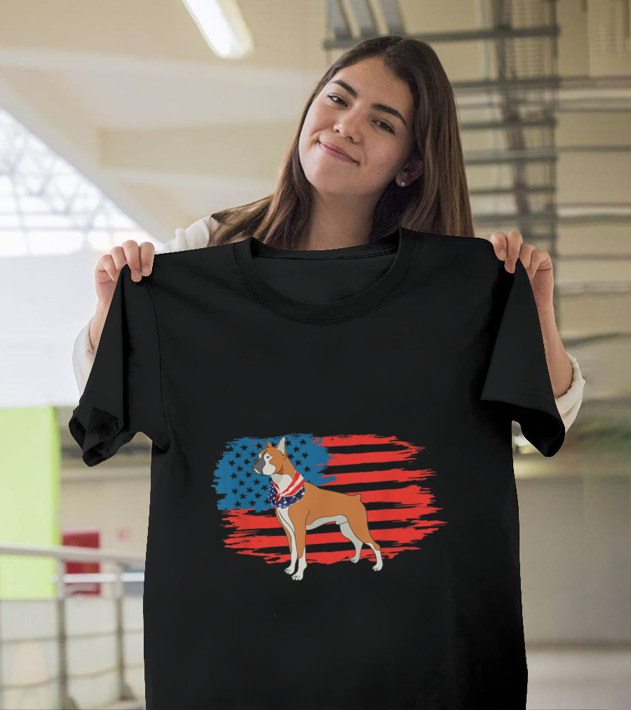 Boxer Dog with American Flag Stars and Stripes Scarf T-Shirt