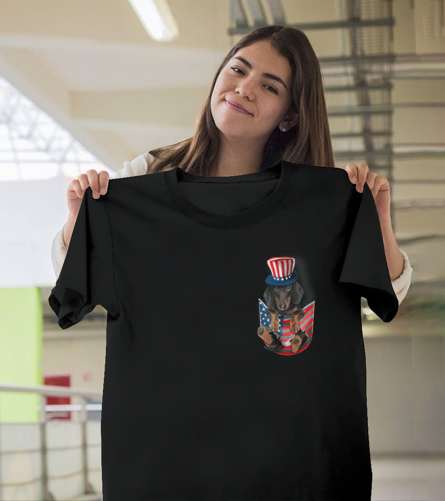 Little Dachshund in the Pocket American Flag Top Hat T-Shirt