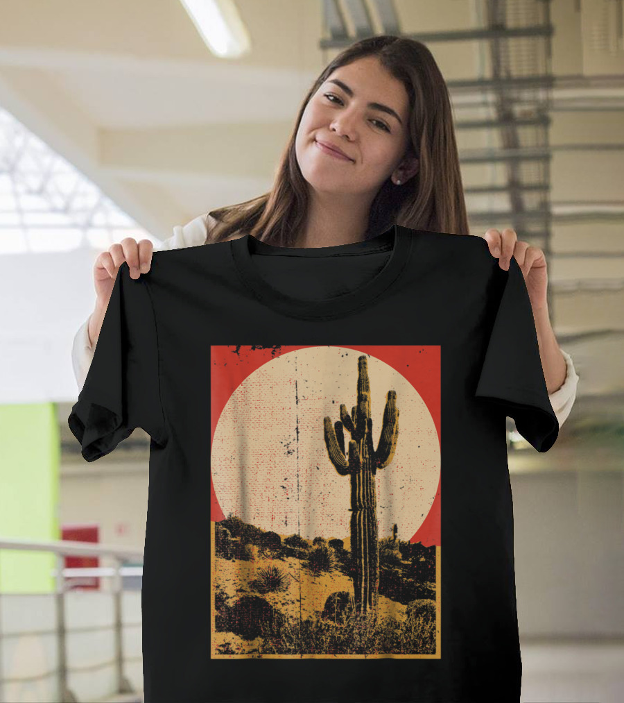 Southwest Desert Cactus with Vintage Saguaro and Sunset Scene T-Shirt