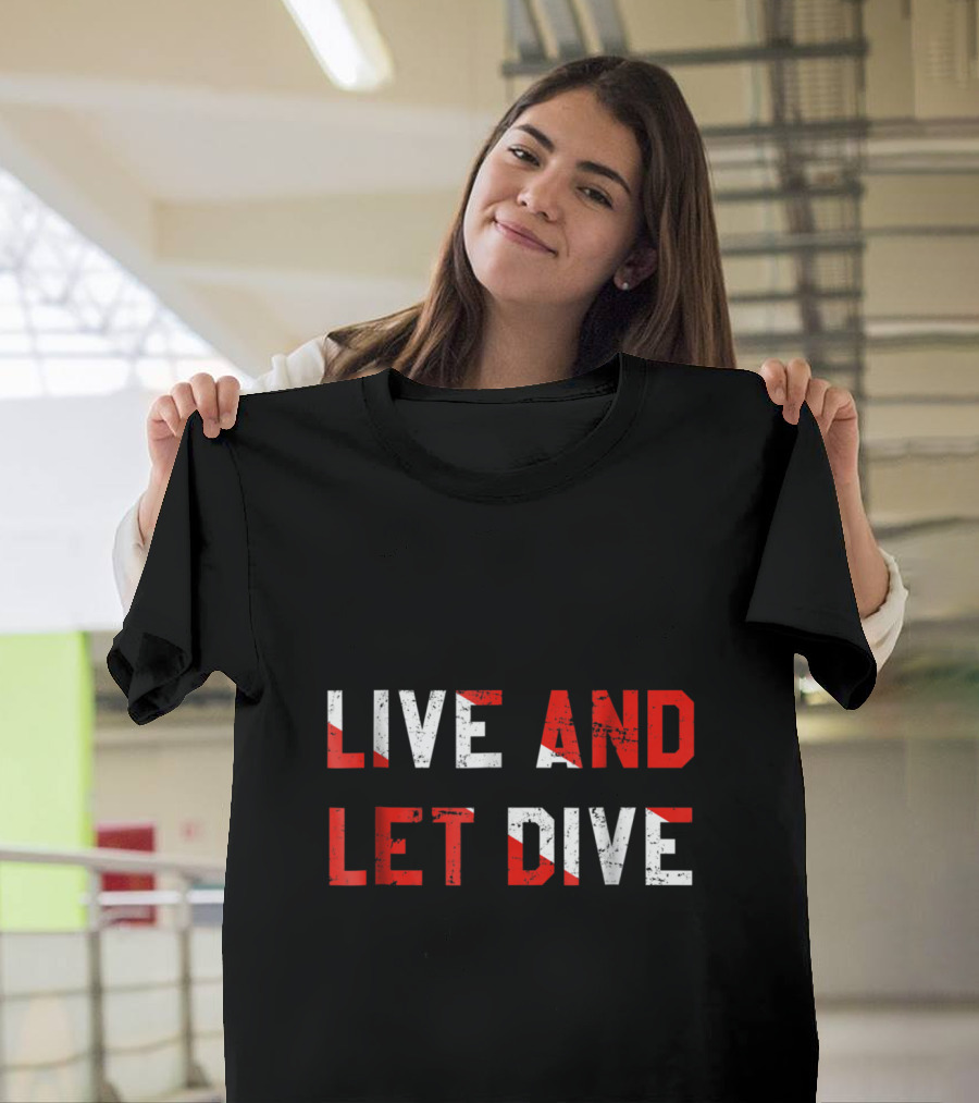 Live And Let Dive Text with Dive Flag Red and White Distressed Look T-Shirt