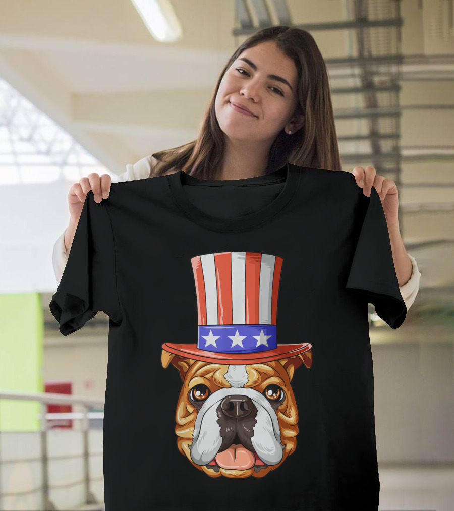 American Patriotic English Bulldog with Uncle Sam Hat T-Shirt